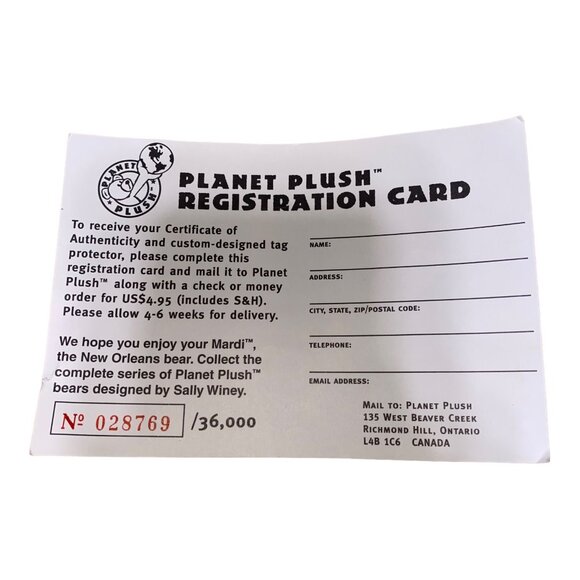 Planet Plush Bear In Original Case With Registration Card & Tag - Picture 10 of 15